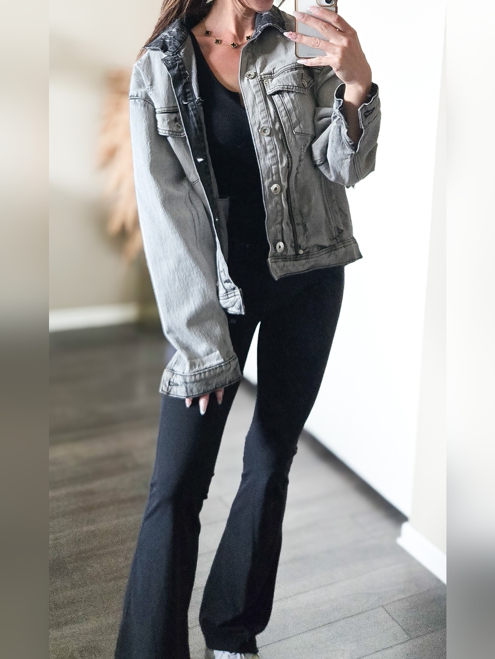 Kollar Grey Washed Denim Jacket Oversized Zip Detail Streetwear Distressed Large